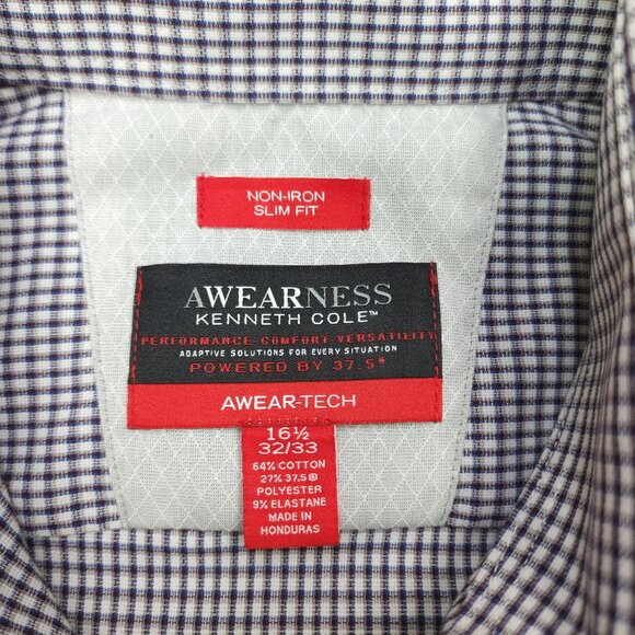 Awearness Kenneth Cole Non-Iron Slim Fit Dress Shirt 16.5 32/33 Navy Long Sleeve - Picture 5 of 7